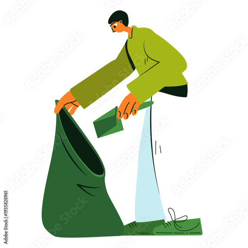 Cleaning character trash bag illustration