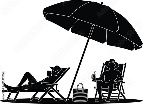 Black silhouettes of people relaxing on beach chairs under a large sun umbrella isolated on white background for summer vacation