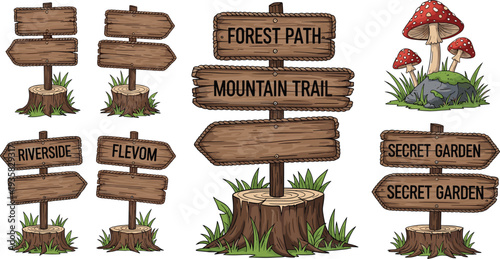 Wooden signpost vector illustration set with rustic forest path, mountain trail, secret garden, and riverside directional arrows for outdoor nature adventure park backgrounds.