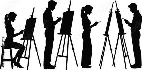 Black, silhouettes, of, male, and, female, artists, painting, on, canvas, with, brushes, at, easels, isolated, on, white, background, flat, vector