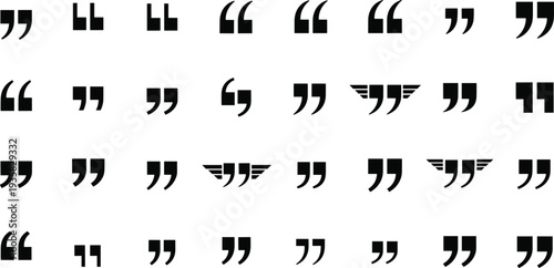 Set of various black quotation marks icons isolated on white background for speech bubbles text citations comments and blog testimonials