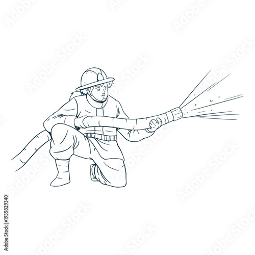 Kneeling female firefighter handdrawn