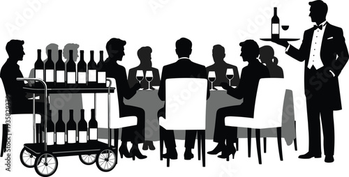 Black, silhouettes, of, people, sitting, at, a, dinner, table, with, wine, glasses, and, a, waiter, serving, isolated, flat, vector, illustration