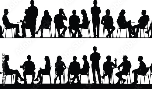 Black, silhouettes, of, people, sitting, at, tables, and, standing, talking, in, a, cafe, or, office, isolated, on, white, background, vector
