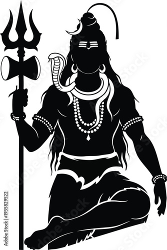 "Black and White Lord Shiva Meditative Silhouette Illustration with Trident, Crescent Moon, Snake, and Flowing Ganga for Hindu Spiritual Art, Cultural Symbolism, and Religious Iconography Projects"
