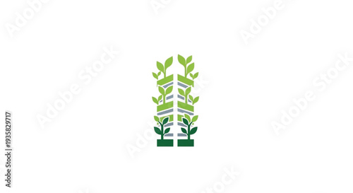 This clean, professional vector icon represents vertical farming and sustainable agriculture. Featuring vibrant green leaves growing in a structured vertical arrangement, it symbolizes urban growth.