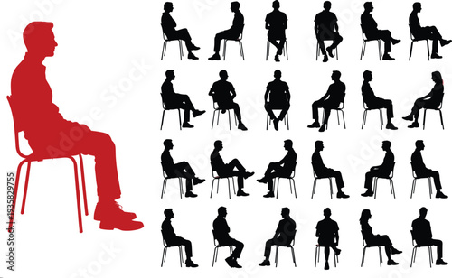 Large red silhouette person sitting on chair compared with multiple smaller seated posture silhouettes identification matching concept flat vector