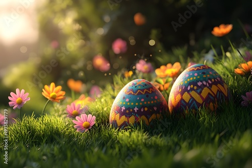 Easter eggs between flowers in the spring grass.