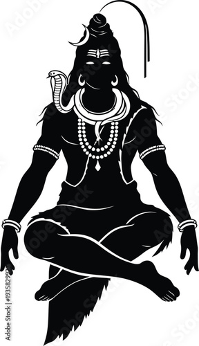 "Black and White Lord Shiva Meditative Silhouette Illustration with Crescent Moon, Third Eye, Snake, and Trident for Hindu Spiritual Art, Cultural Symbolism, and Religious Iconography Projects"