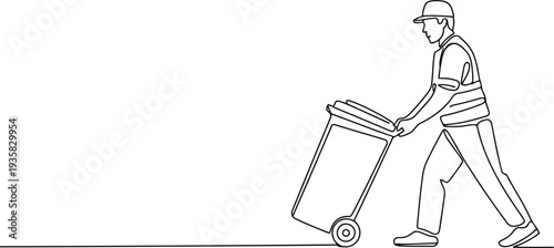 A single continuous line drawing shows a worker pulling a large wheeled garbage bin