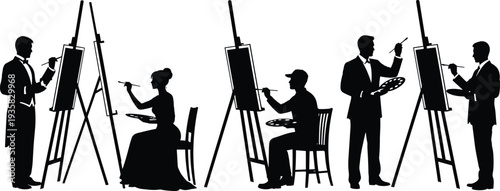 Set of black silhouettes featuring male and female artists painting on easels isolated on white background for creative art concepts