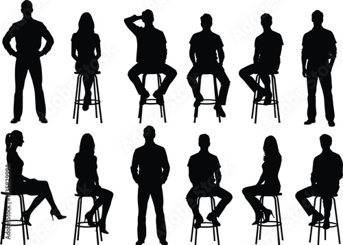 Silhouette collection of people sitting and standing on stools with various gestures and postures, artistic flat vector illustration