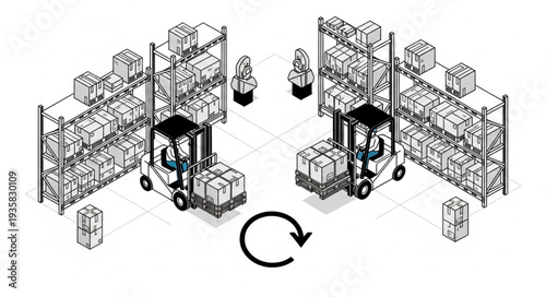 Warehouse logistics - Forklifts transporting goods between storage racks efficiently.