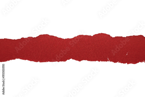 Red Torn Paper Strip with Ripped Edges Isolated on White Background.