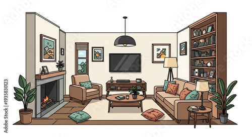 Cozy living room interior with fireplace, sofa, and entertainment center.