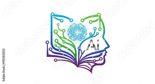 A modern vector illustration blending artificial intelligence and education. It features an open book formed by circuit lines, a human profile, and a central brain icon.