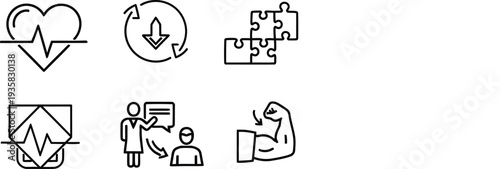 Six black and white line icons depicting business and healthcare concepts