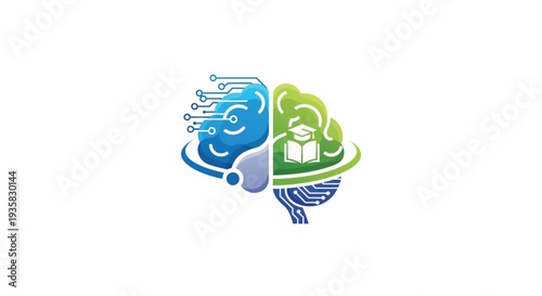 This creative vector logo features a stylized brain divided into two unique halves. The blue left side showcases digital circuit networks, representing technology and artificial intelligence.