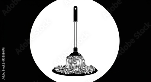 Simple black and white illustration of a cleaning mop for household chores.