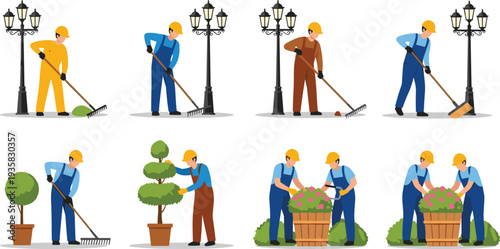 Garden maintenance workers set vector illustration, landscapers raking leaves sweeping path trimming plants planting flowers outdoor cleaning gardening service maintenance concept