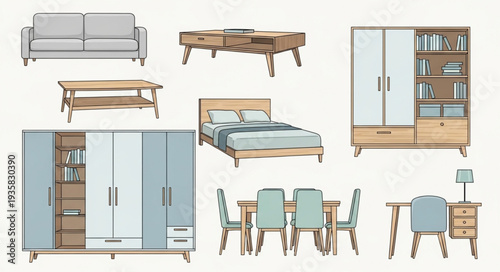 Collection of various furniture pieces including sofa, bed, wardrobe, and dining set.