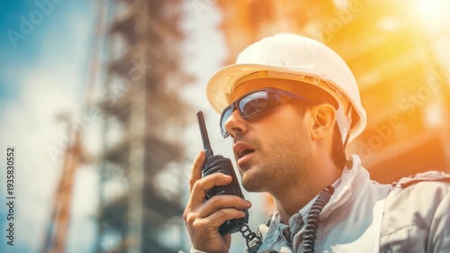 The Architect's Command: A focused architect, radiating professionalism, is deep in communication through a walkie-talkie.
