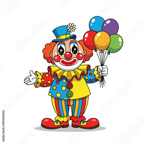 A cheerful cartoon clown character holding a bunch of colorful balloons and smiling