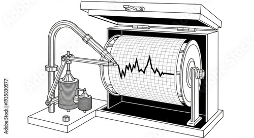 Detailed illustration of a seismograph, recording seismic waves on a rotating drum.