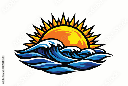 Vibrant depiction of a sun rising over calm ocean waves with radiant rays