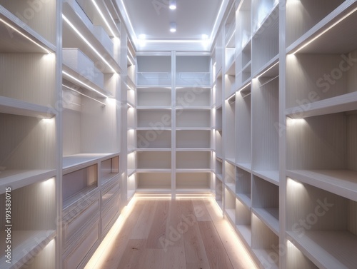 Modern, minimalist walk-in closet with built-in shelves. Warm LED lighting enhances the clean, open design. Light wood flooring complements the sleek cabinetry. Shelves feature adjustable spacing