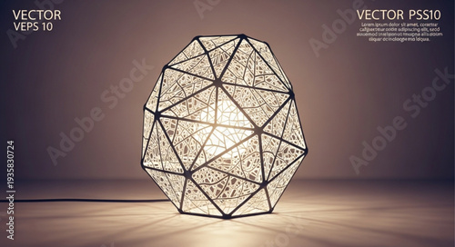 Geometric lamp with intricate design illuminated on a wooden surface.