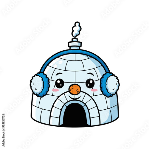 Adorable cartoon igloo character wearing blue earmuffs and smiling