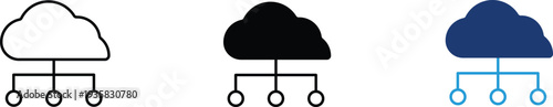Cloud network icon showing distributed hosting and data connectivity. Technical illustration for cloud computing infrastructure, remote server access, global network architecture, digital information