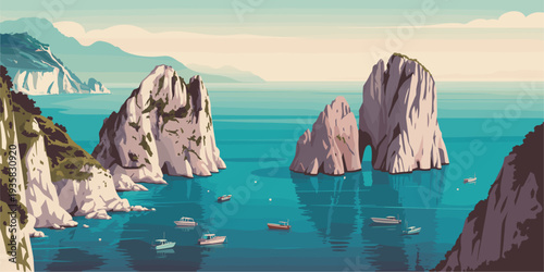 A flat vector illustration of Capri’s iconic coastal scenery featuring the majestic Faraglioni rock formations rising from a calm turquoise sea. Small boats circle beneath the towering cliffs