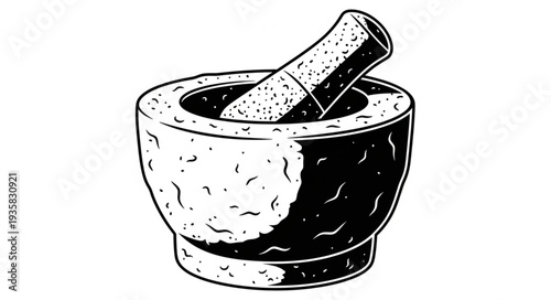 Detailed illustration of a mortar and pestle for grinding herbs and spices.