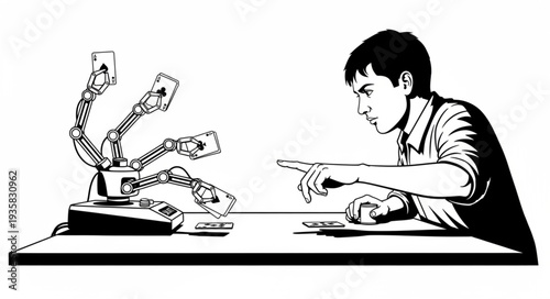 Man interacting with a robotic arm on a table, focused and engaged.