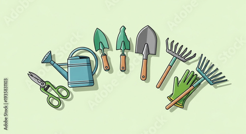 Collection of gardening tools arranged on a light green surface for outdoor work.