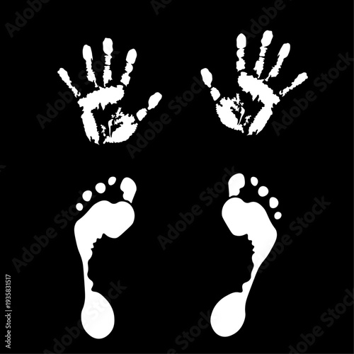 White human hand and foot prints isolated on dark background. High contrast silhouette design suitable for forensic, identity, childhood and artistic concepts.