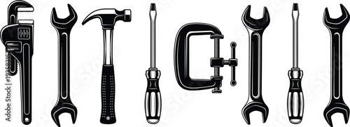 Collection of hand tools silhouette including wrench, hammer, screwdriver, clamp, mechanical equipment illustration, construction repair icon, black and white design