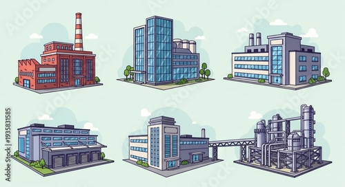 Collection of diverse industrial factory buildings and modern architecture.