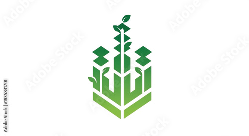 This modern, geometric vector logo design combines architectural elements with natural leaf motifs in shades of green. The abstract symbol represents concepts like sustainable building.