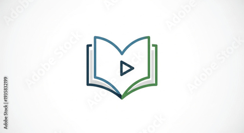 This minimal line-art logo design smartly combines an open book with a central play button, symbolizing digital education and multimedia learning. Rendered in clean blue and green tones.