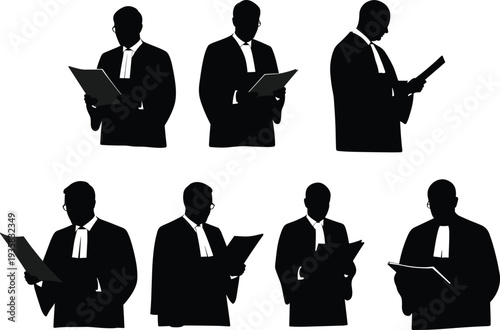 Silhouette lawyers and judges reading legal documents in courtroom attire, justice and law concept, professional legal system theme, flat vector illustration