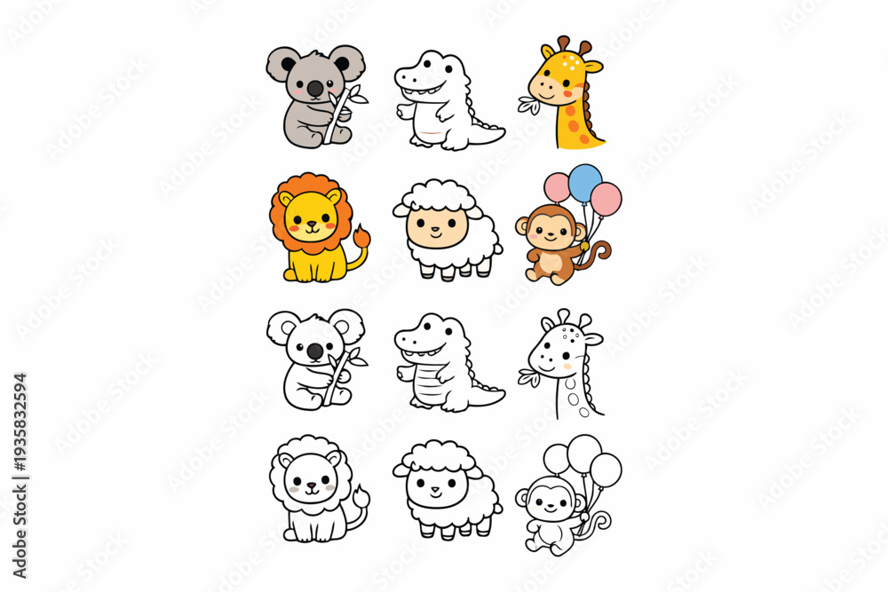 Obraz premium Colorful and whimsical lineup of cartoon animals and characters in playful poses