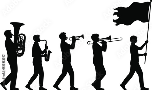Silhouette marching band parade with musicians and flag bearer, trumpet trombone saxophone tuba illustration, music performance, festival celebration