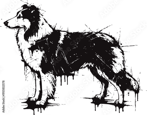 Silhouette of a standing border collie dog with ink splatter and grunge effects isolated on white