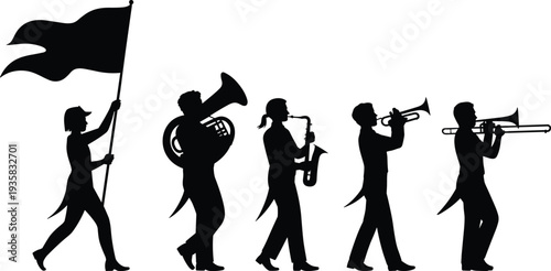 Silhouette marching band with flag bearer, sousaphone, saxophone, trumpet, trombone, parade performance, musical ensemble, artistic illustration