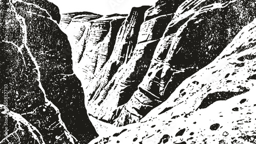 Black and white canyon landscape illustration with steep cliffs and rocky terrain