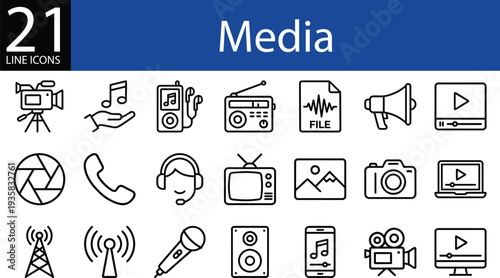 Media line icon set in minimalist style, video production, audio playback, photography, broadcasting, and streaming