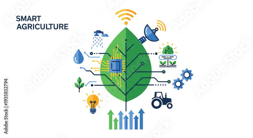 This flat vector illustration depicts the concept of smart agriculture, featuring a central green leaf integrated with a microchip and digital circuit lines. Surrounding icons include Wi-Fi.